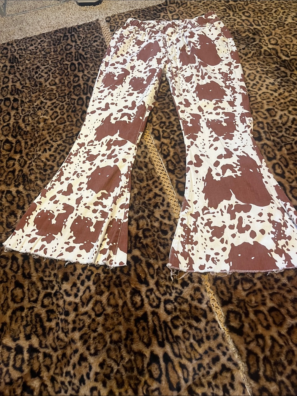 Women's Brown Cowprint Flare Jeans - Wide Leg